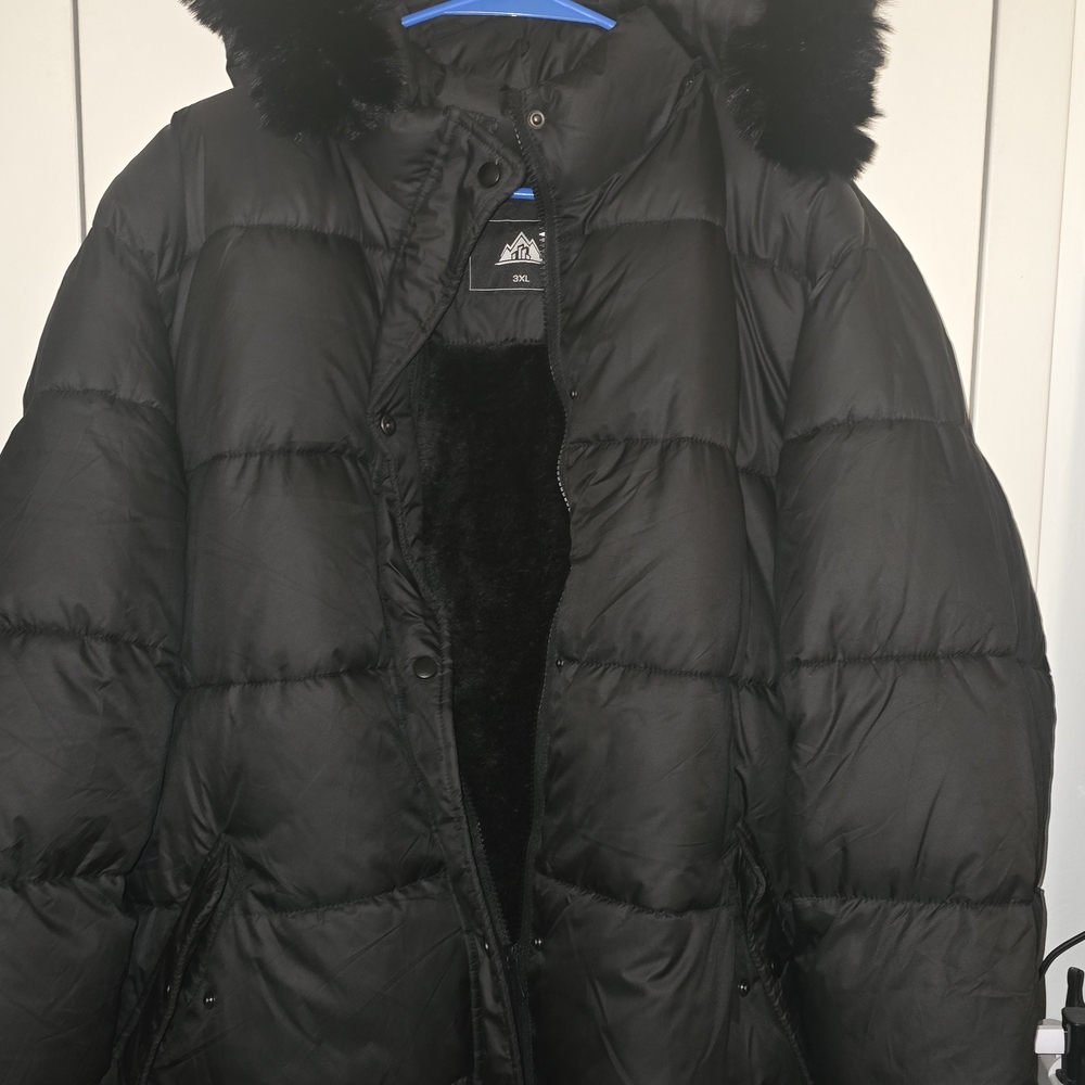 Black Puffer Jacket/Windbreaker with Fur Hood & Inside Fur Lining